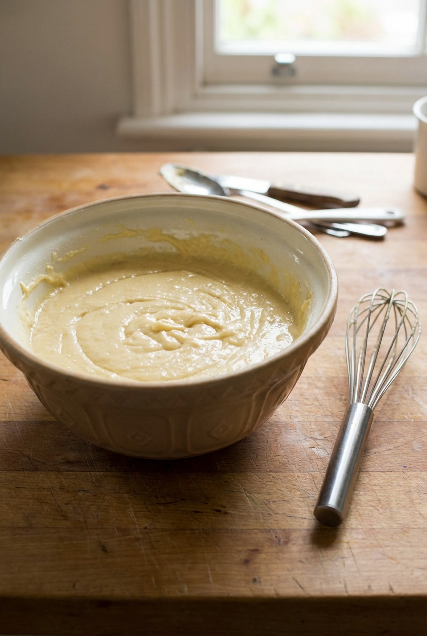A mixing bowl with pale yellow cake batter and a whisk on a wooden counter