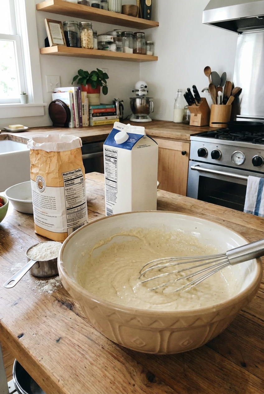 A mixing bowl with pancake batter and a whisk resting inside on a kitchen counter with flour and milk nearby