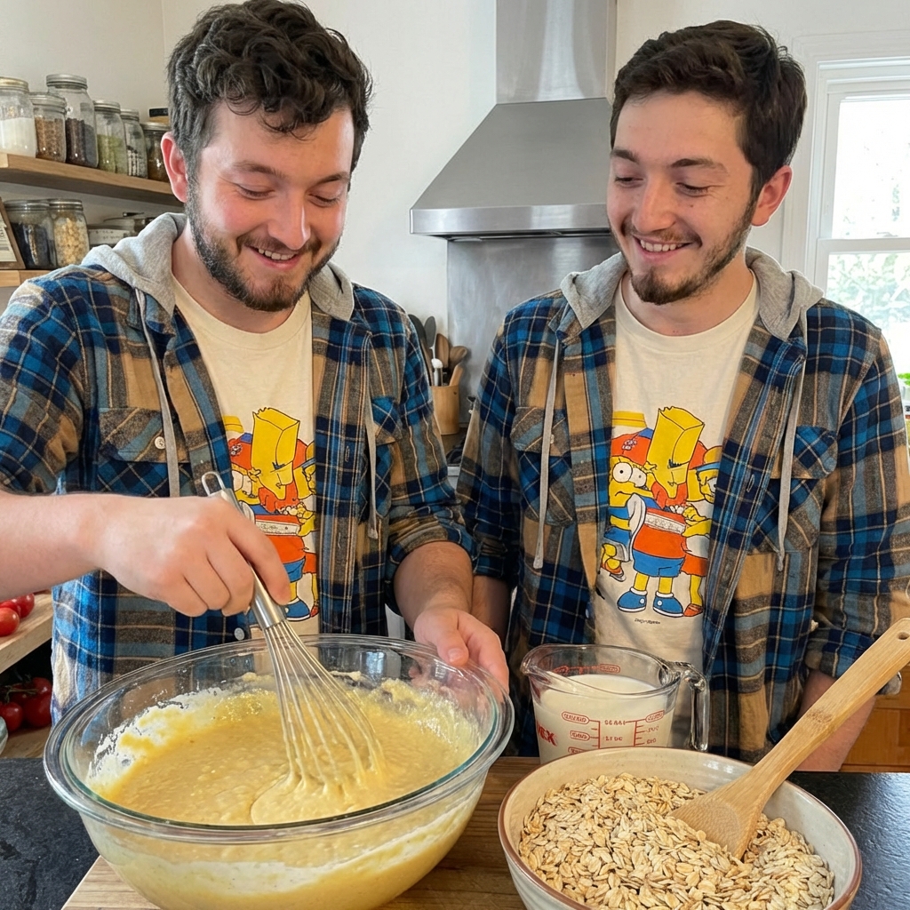 A mixing bowl with pancake batter being whisked next to a measuring cup of milk and a bowl of oats