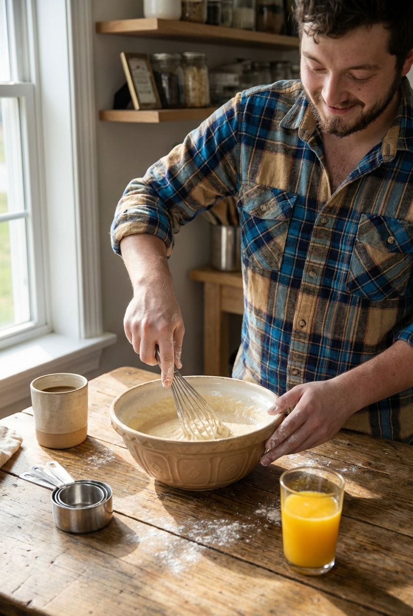 A mixing bowl with pancake batter being whisked on a kitchen counter with measuring cups nearby