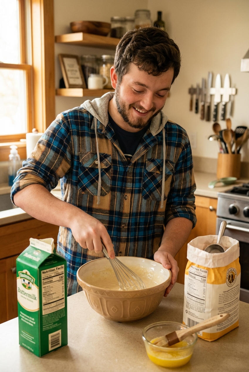 A mixing bowl with pancake batter being whisked, with buttermilk, flour, and a pat of melted butter nearby on a countertop