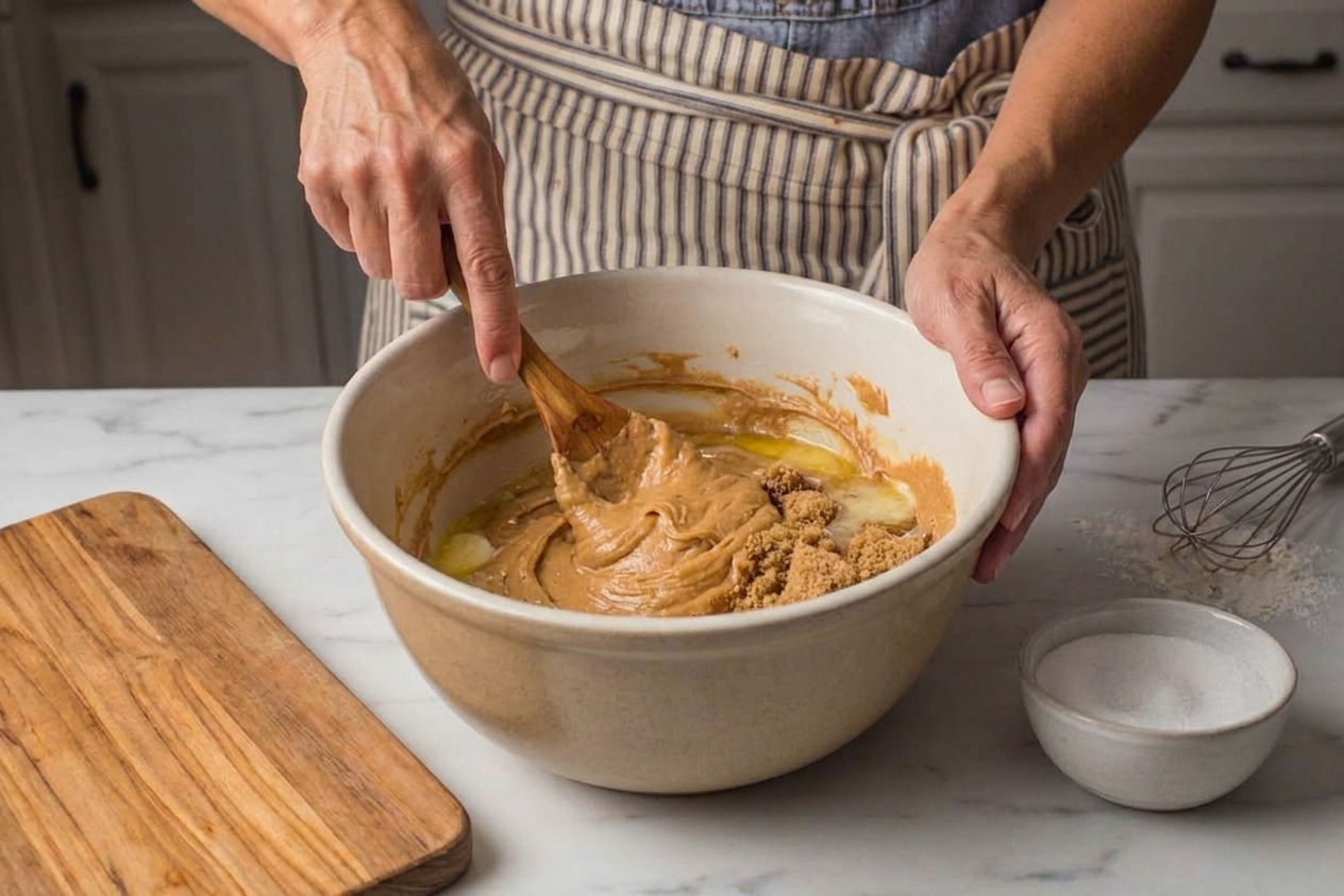 A mixing bowl with peanut butter, melted butter, and brown sugar being stirred together on a kitchen counter