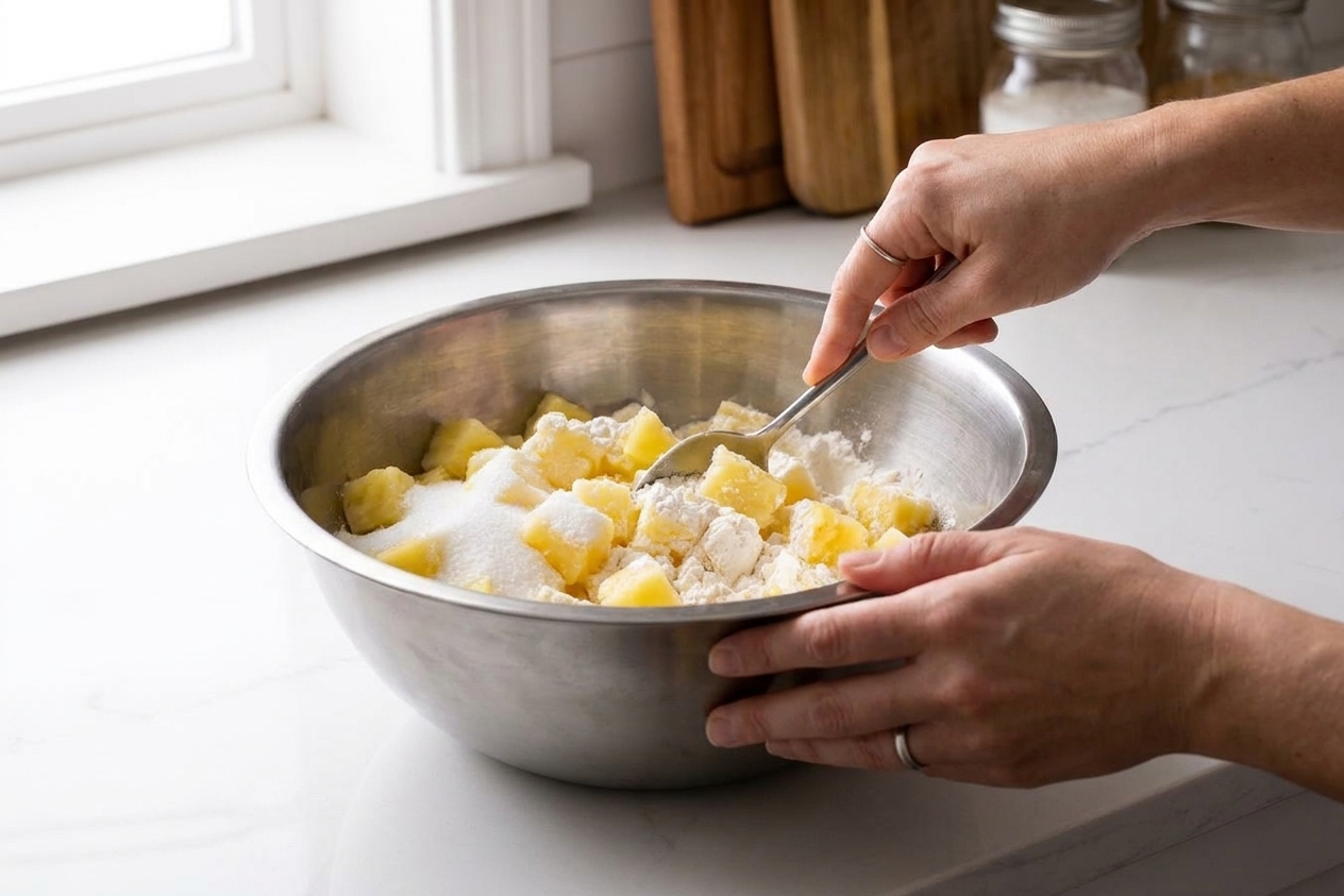 A mixing bowl with pineapple, sugar, and flour being stirred with a spoon on a kitchen counter