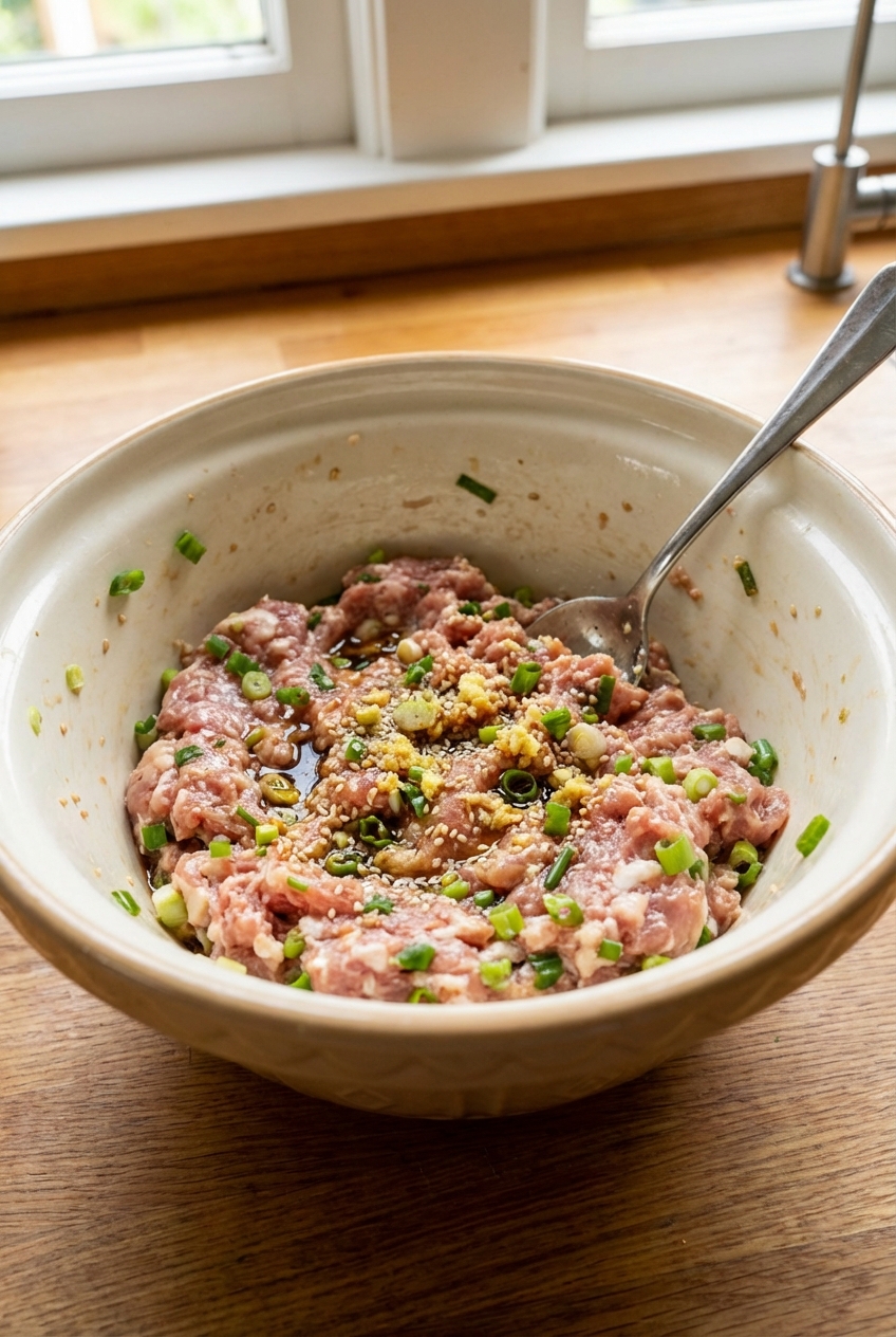 A mixing bowl with pork dumpling filling speckled with scallions and seasonings, with a spoon resting inside