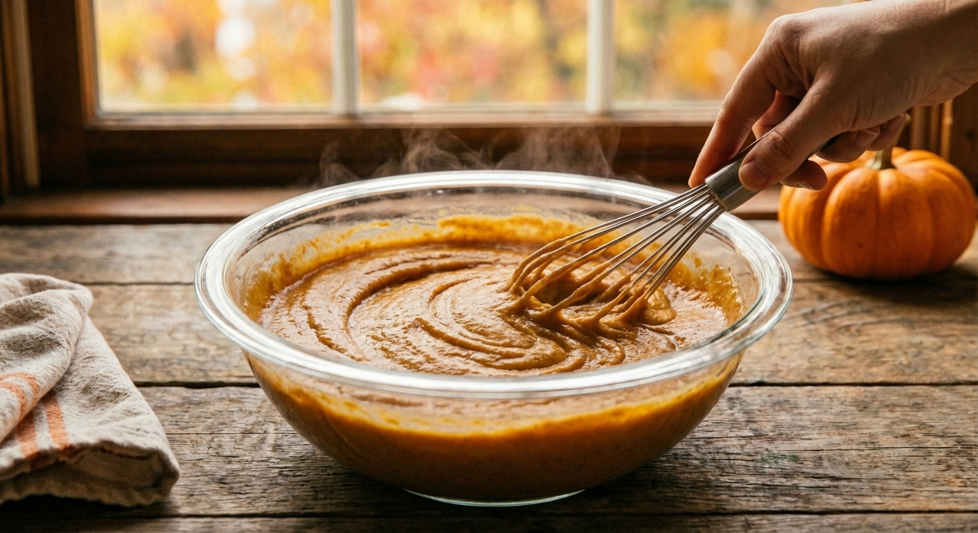 A mixing bowl with pumpkin pie filling being whisked until smooth