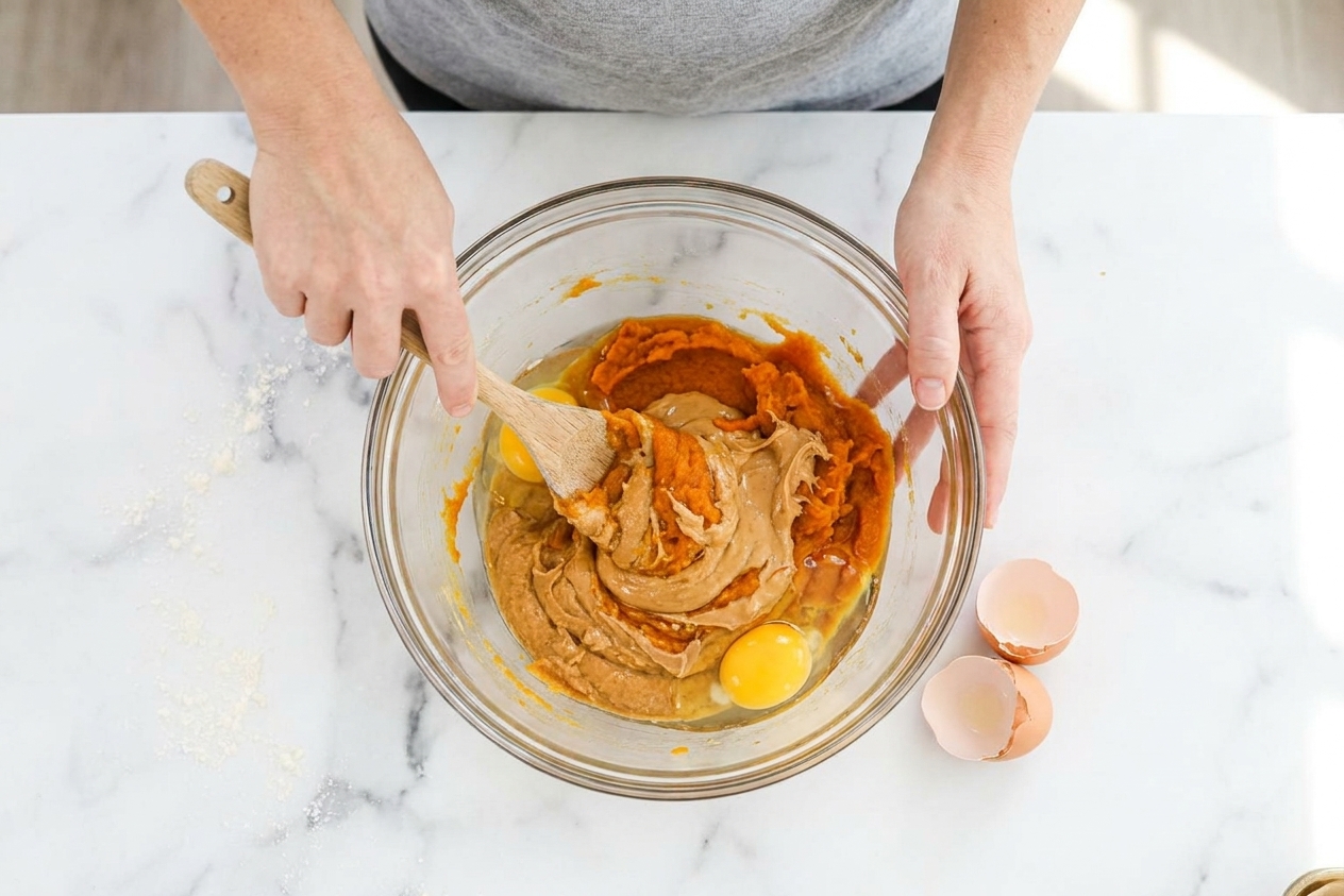 A mixing bowl with pumpkin puree, peanut butter, and eggs being stirred into a smooth batter on a kitchen counter