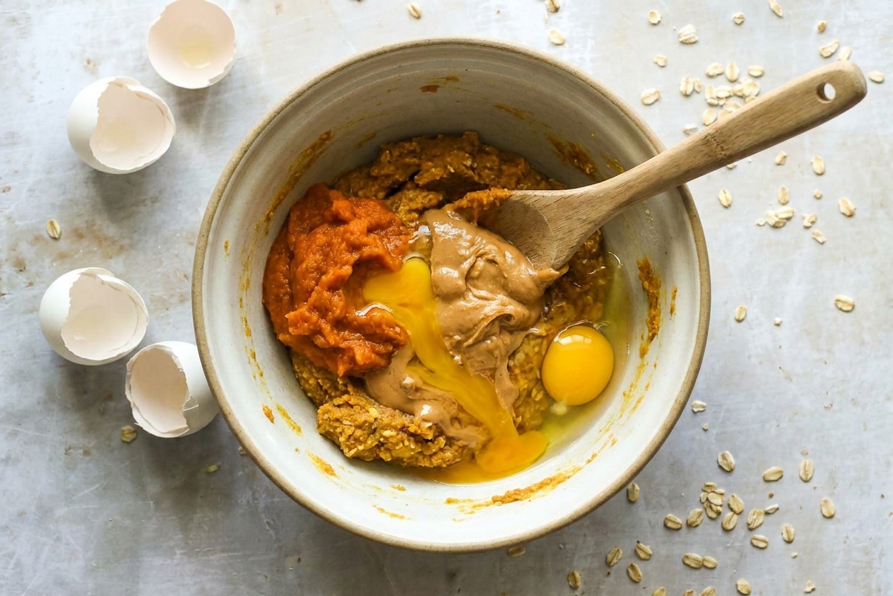 A mixing bowl with pumpkin puree, peanut butter, and eggs being stirred into a thick dough