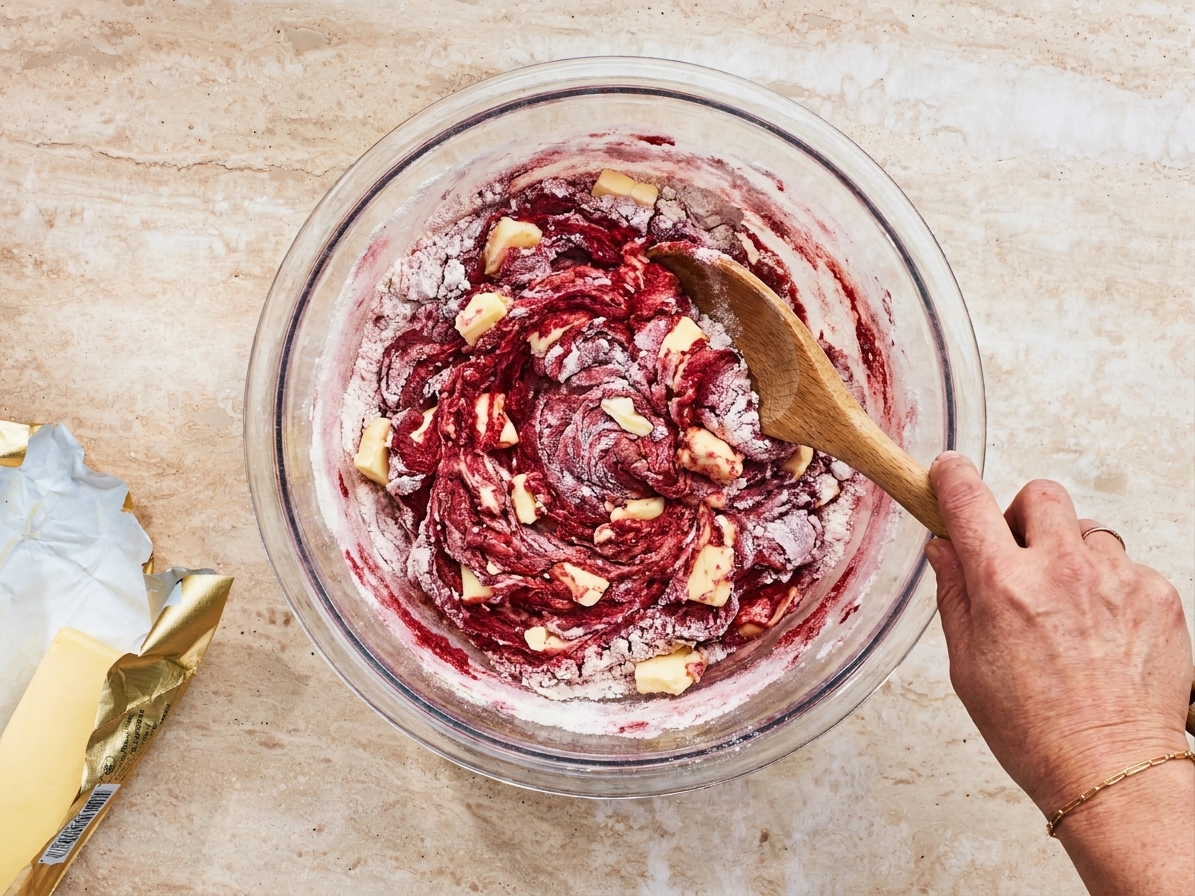 A mixing bowl with red velvet biscuit dough just combined, showing streaks of red and visible butter pieces
