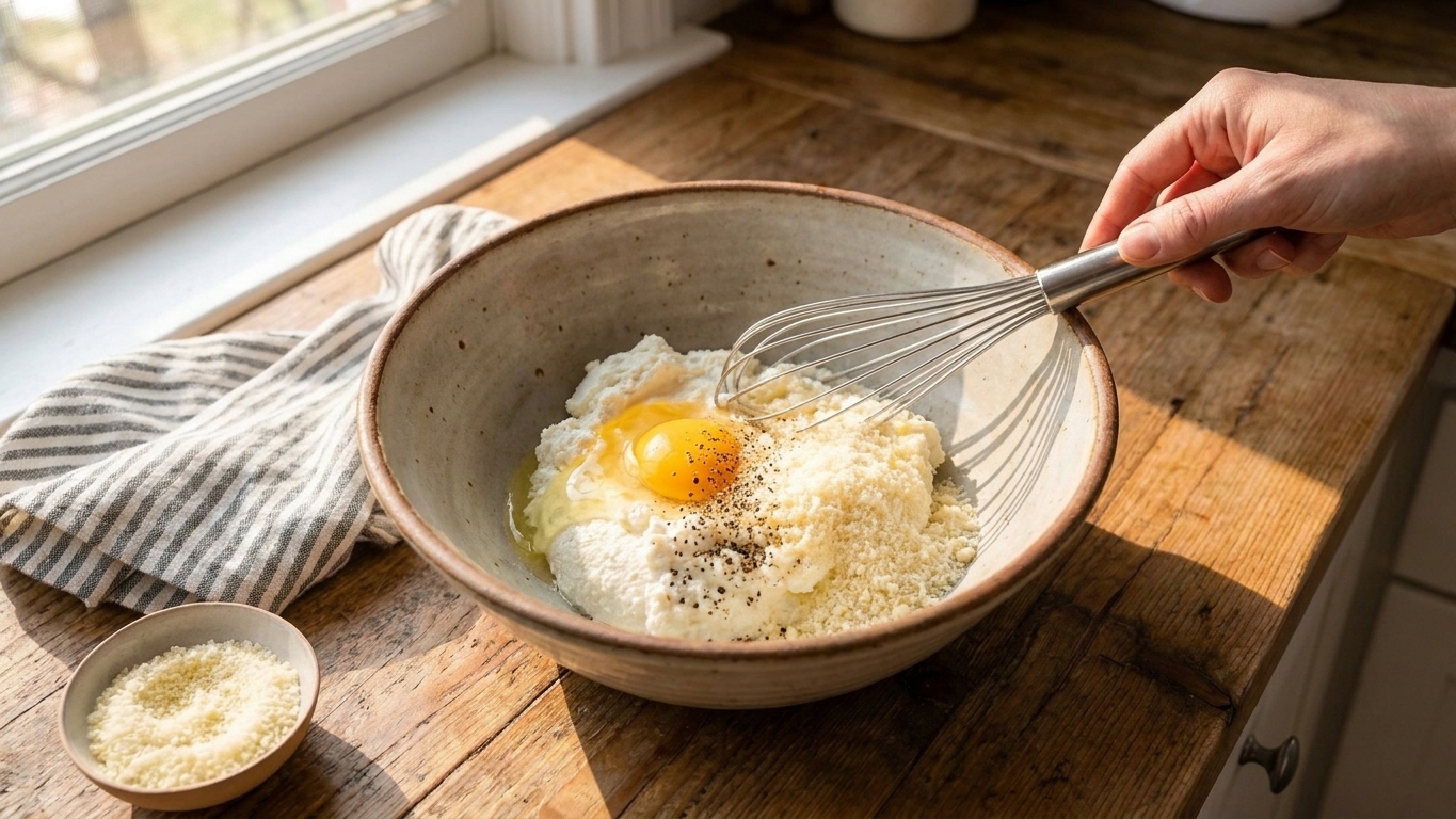 A mixing bowl with ricotta, a cracked egg, grated Parmesan, and black pepper ready to be stirred on a kitchen counter