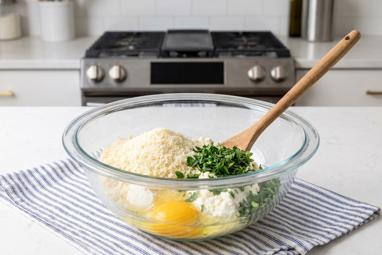 A mixing bowl with ricotta, a cracked egg, grated parmesan, and chopped parsley ready to be stirred on a kitchen counter