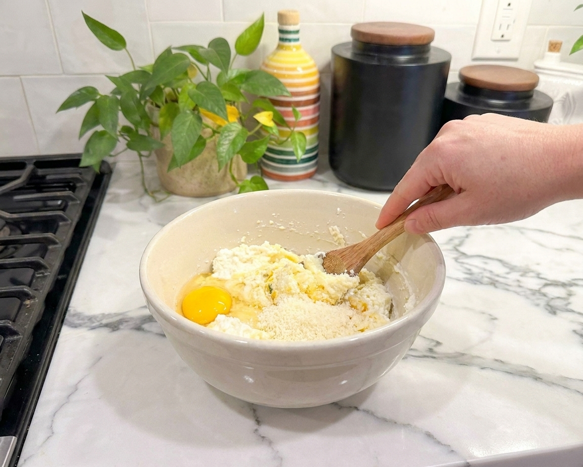 A mixing bowl with ricotta, an egg, and grated Parmesan being stirred together with a spoon on a kitchen counter