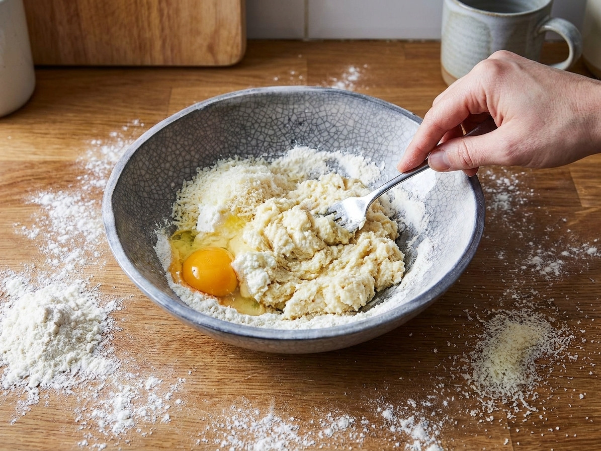 A mixing bowl with ricotta, egg, Parmesan, and flour being gently mixed with a fork on a floured countertop in a home kitchen