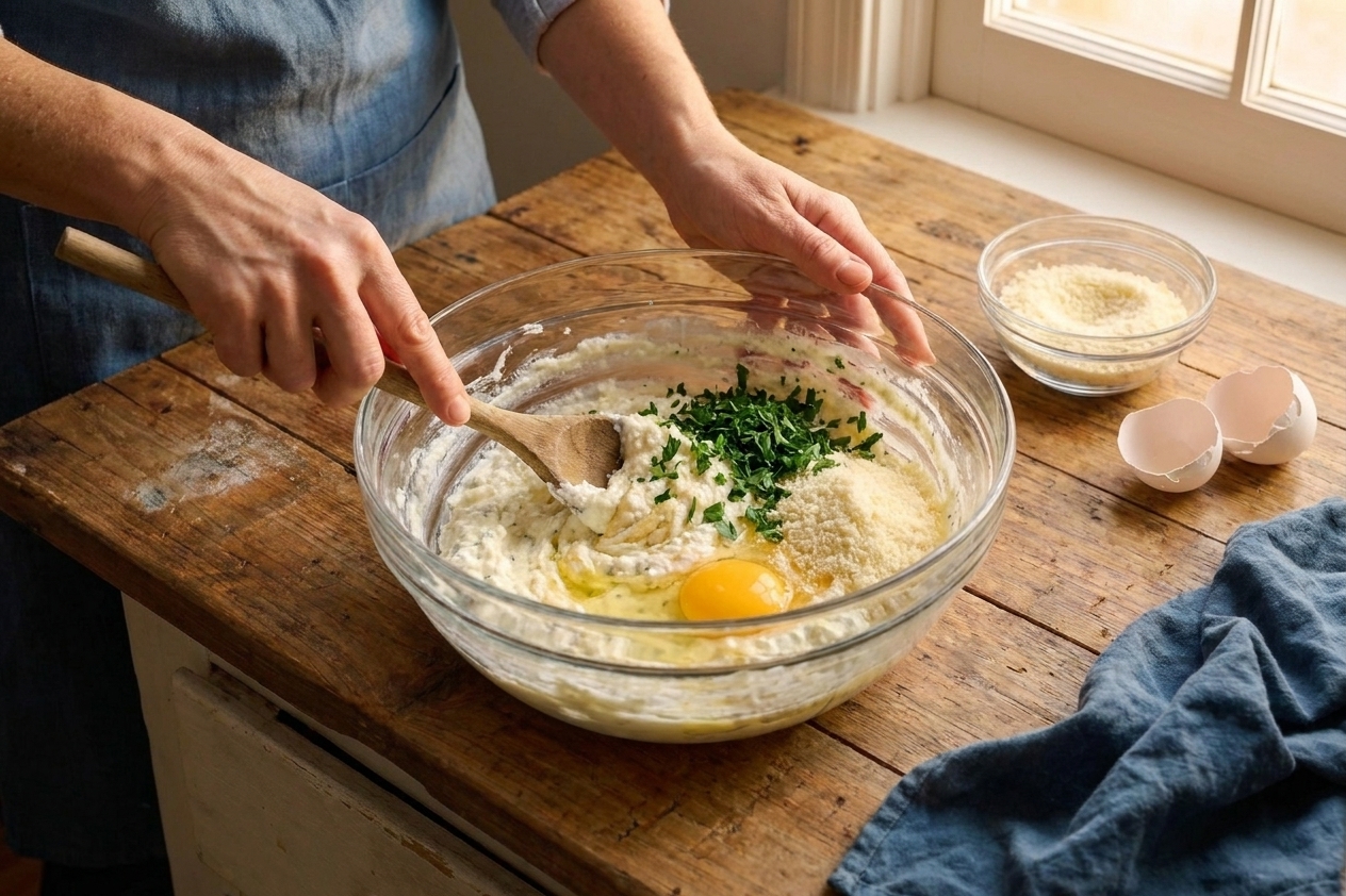 A mixing bowl with ricotta, egg, grated Parmesan, and parsley being stirred with a spoon on a kitchen counter