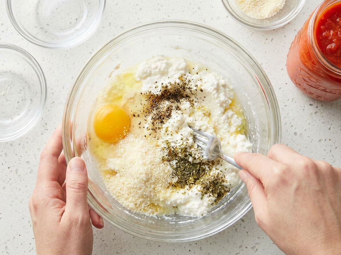 A mixing bowl with ricotta, egg, grated parmesan, and herbs being stirred together on a kitchen counter