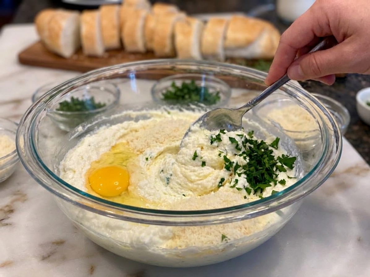 A mixing bowl with ricotta, egg, parmesan, and parsley being stirred with a spoon on a kitchen counter