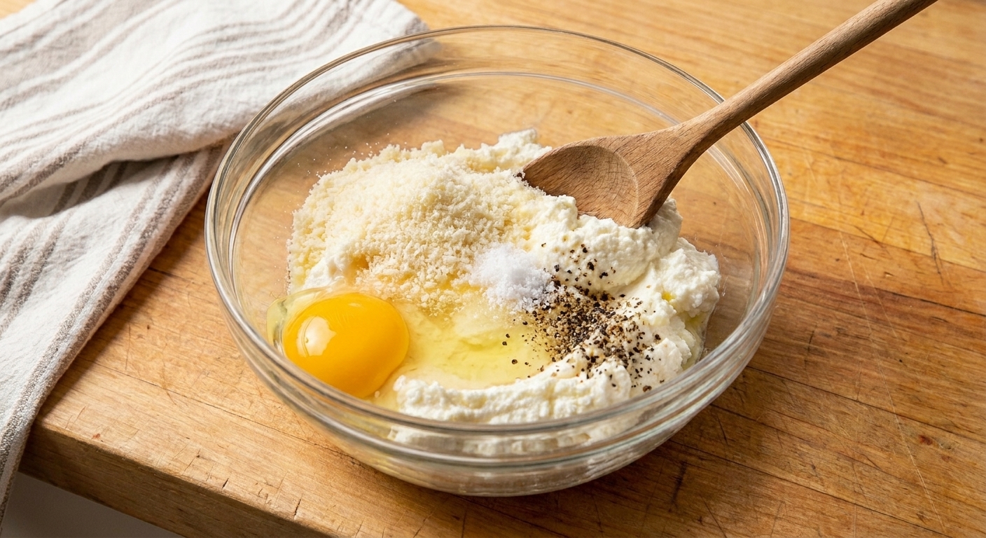 A mixing bowl with ricotta, grated parmesan, egg, salt, and pepper ready to be stirred for a baked ravioli cheese layer