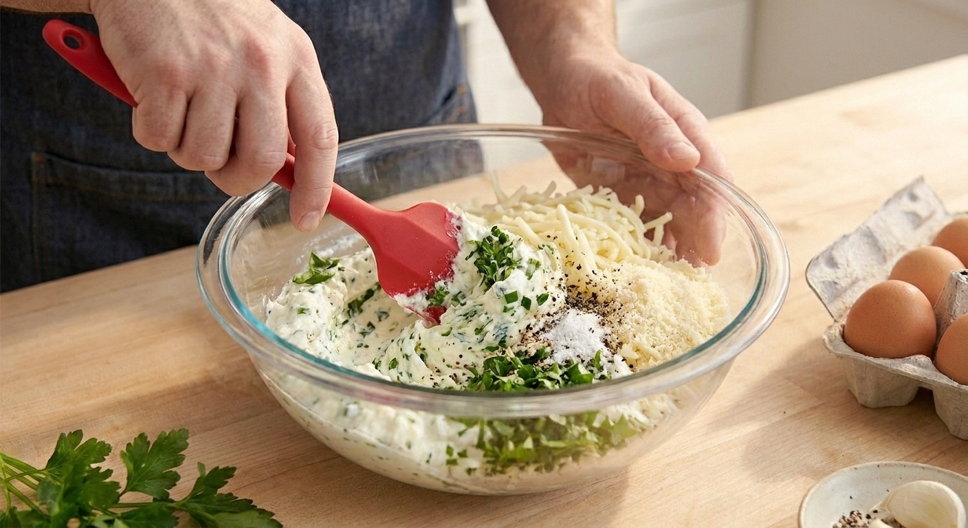 A mixing bowl with ricotta, mozzarella, Parmesan, herbs, and seasonings being stirred together with a rubber spatula on a kitchen counter