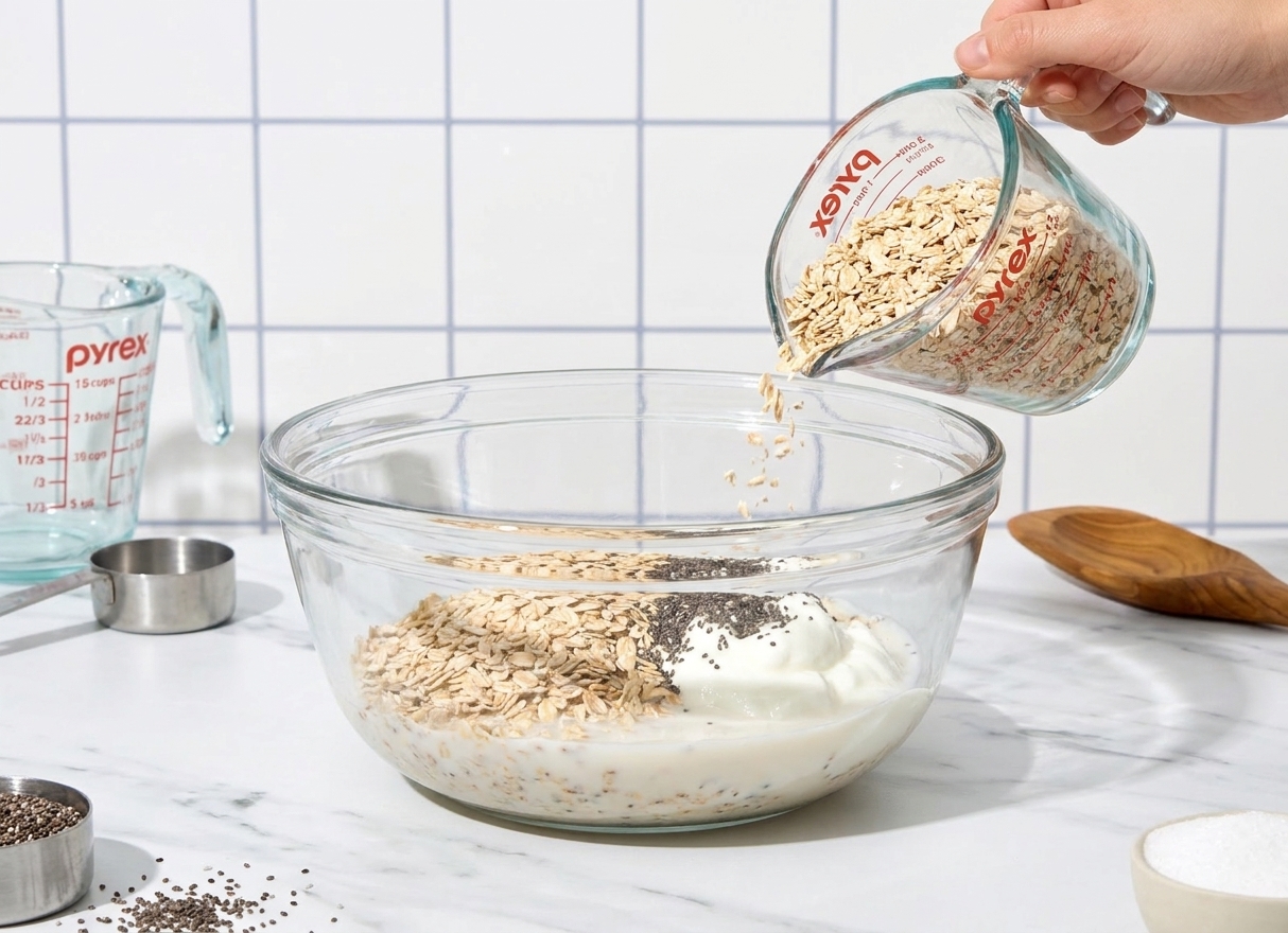 A mixing bowl with rolled oats, milk, Greek yogurt, and chia seeds being measured on a bright kitchen counter