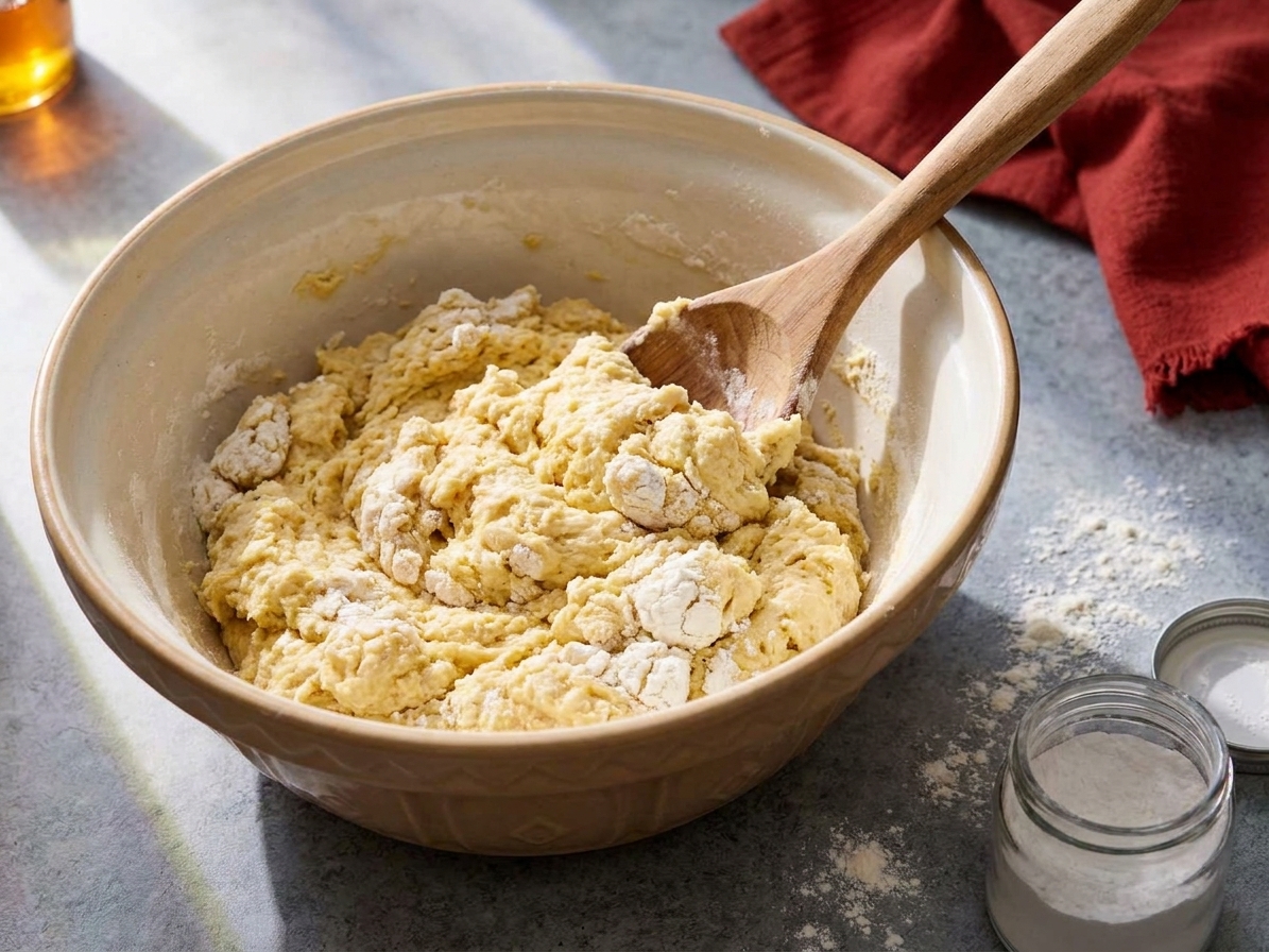A mixing bowl with shaggy bannock dough being stirred with a wooden spoon on a stone kitchen counter, flour and baking powder nearby