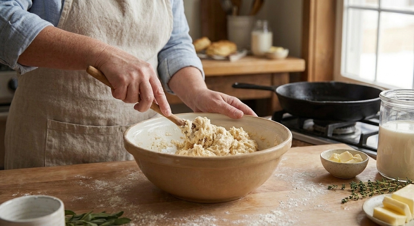 A mixing bowl with shaggy drop biscuit dough being stirred with a wooden spoon on a kitchen counter