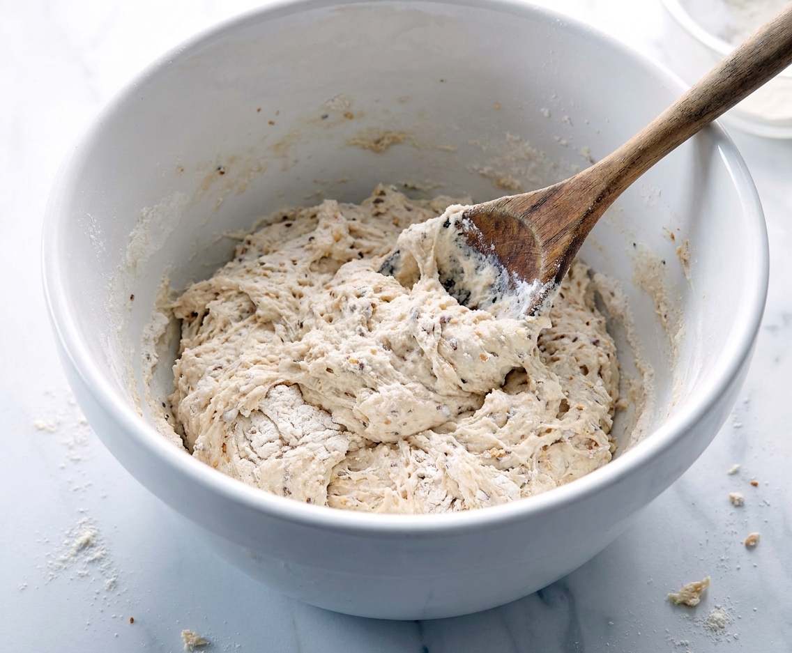 A mixing bowl with shaggy, sticky bread dough being stirred with a wooden spoon on a kitchen counter