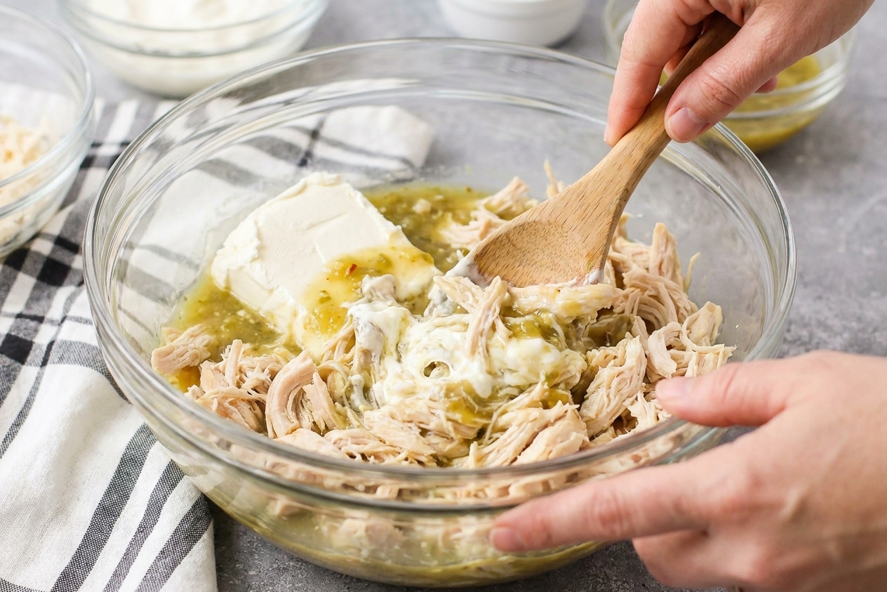 A mixing bowl with shredded chicken and softened cream cheese being stirred into a creamy enchilada filling