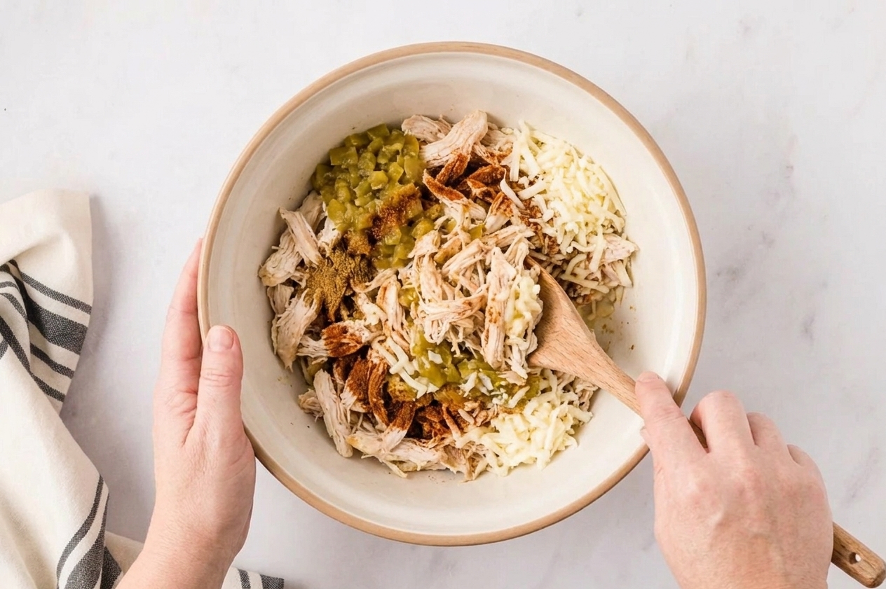 A mixing bowl with shredded chicken, diced green chiles, spices, and shredded cheese being stirred together with a wooden spoon on a kitchen counter