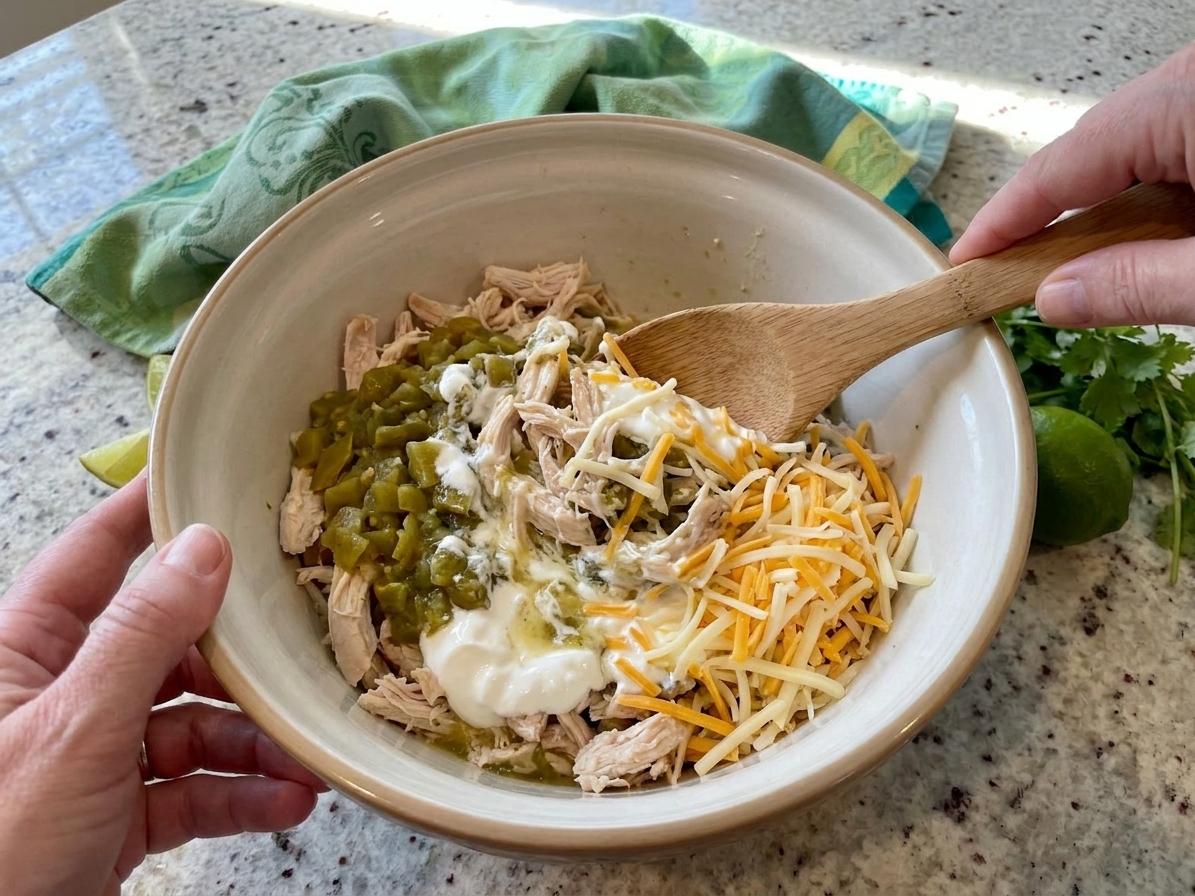 A mixing bowl with shredded chicken, diced green chiles, sour cream, and shredded cheese being stirred together on a kitchen counter
