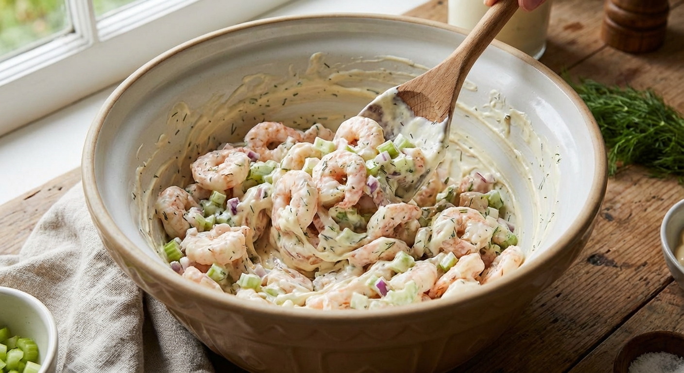 A mixing bowl with shrimp salad being stirred with a spoon, showing the creamy dressing coating the shrimp and diced celery