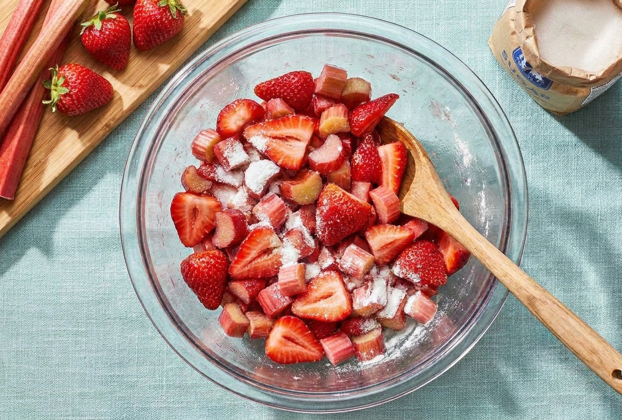 A mixing bowl with sliced strawberries and rhubarb tossed with sugar and cornstarch on a kitchen counter