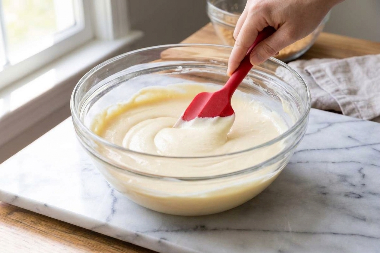 A mixing bowl with smooth cheesecake batter and a rubber spatula scraping the sides on a kitchen counter