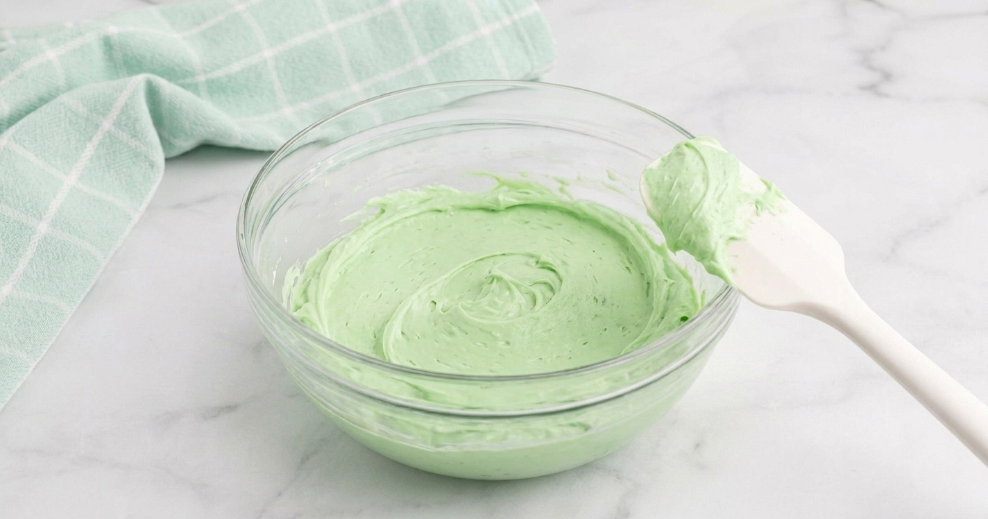 A mixing bowl with smooth white cream cheese mint dough and a spatula resting on the side on a clean kitchen counter