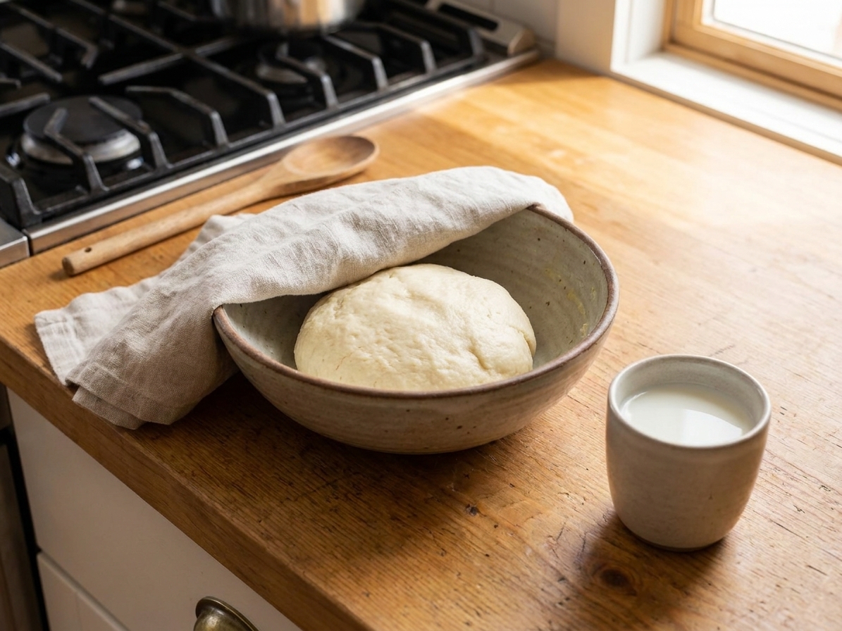 A mixing bowl with soft gulab jamun dough and a small cup of milk on a clean kitchen counter