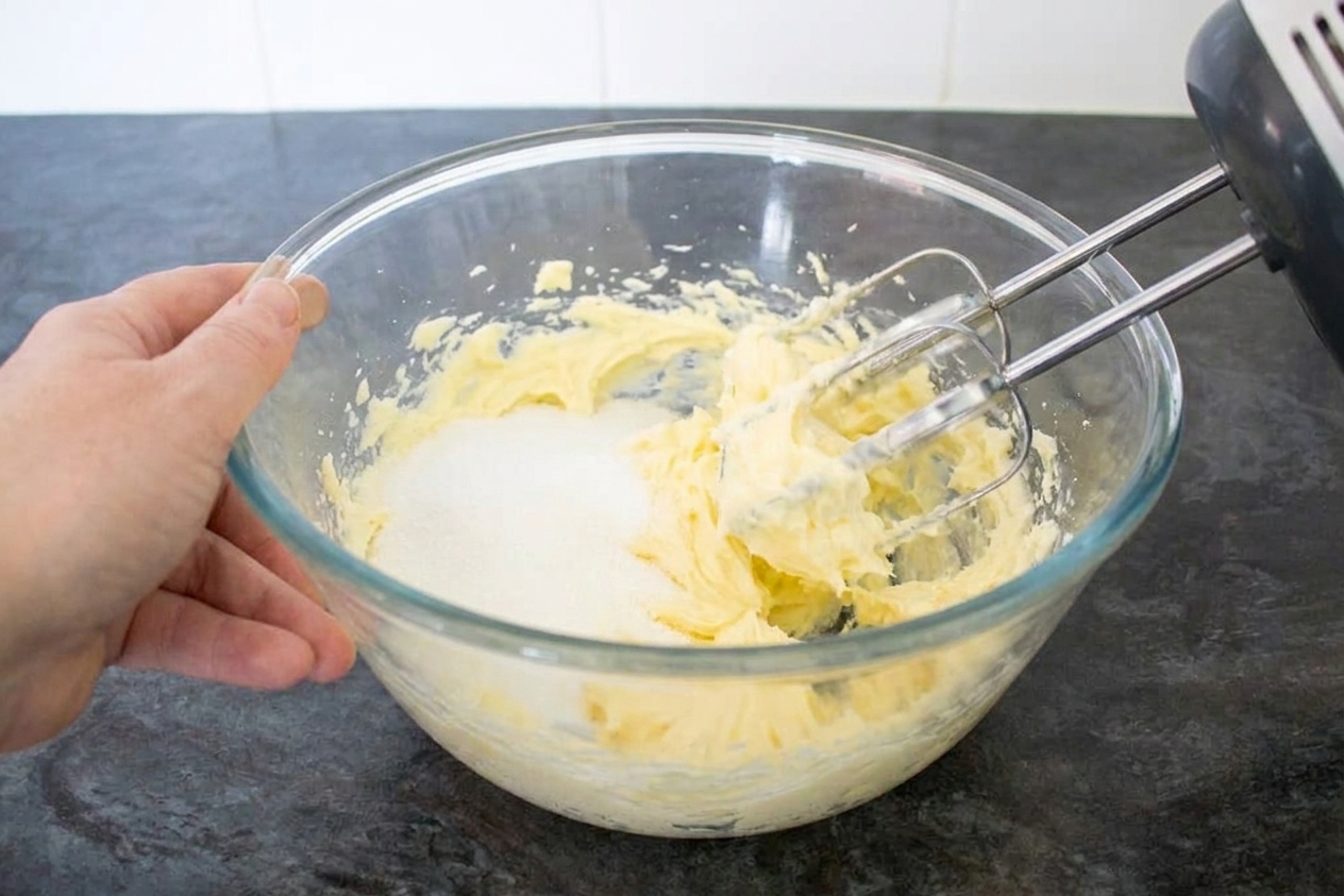 A mixing bowl with softened butter and sugar being creamed with a hand mixer on a kitchen counter, showing a pale fluffy texture forming