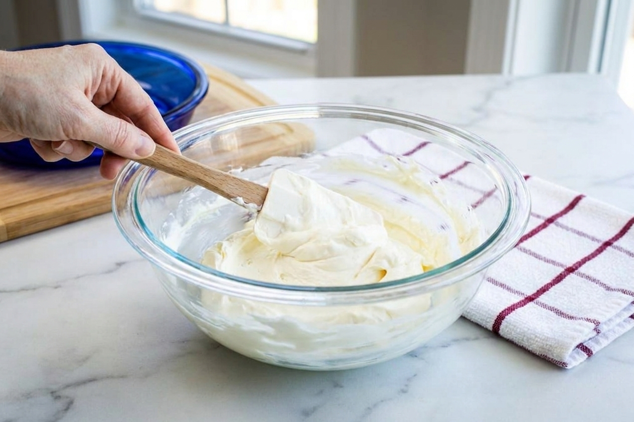 A mixing bowl with softened cream cheese and sour cream being blended with a spatula on a kitchen counter
