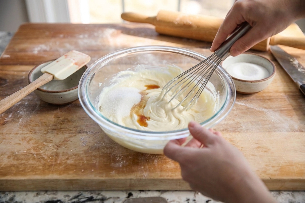 A mixing bowl with softened cream cheese, sugar, and vanilla being whisked together on a kitchen counter, with a spatula and small bowls nearby