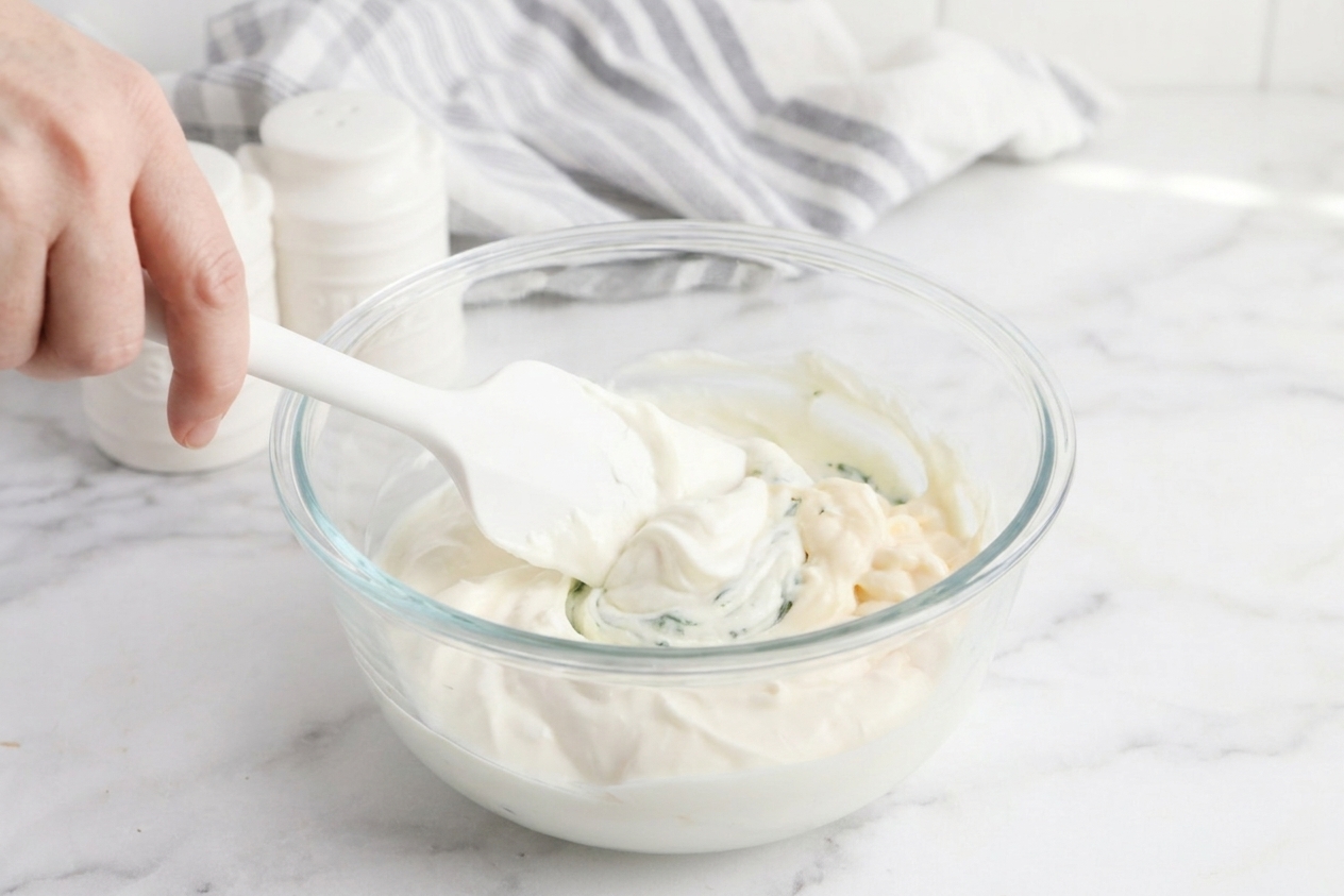 A mixing bowl with sour cream and mayonnaise being stirred with a spatula on a kitchen counter
