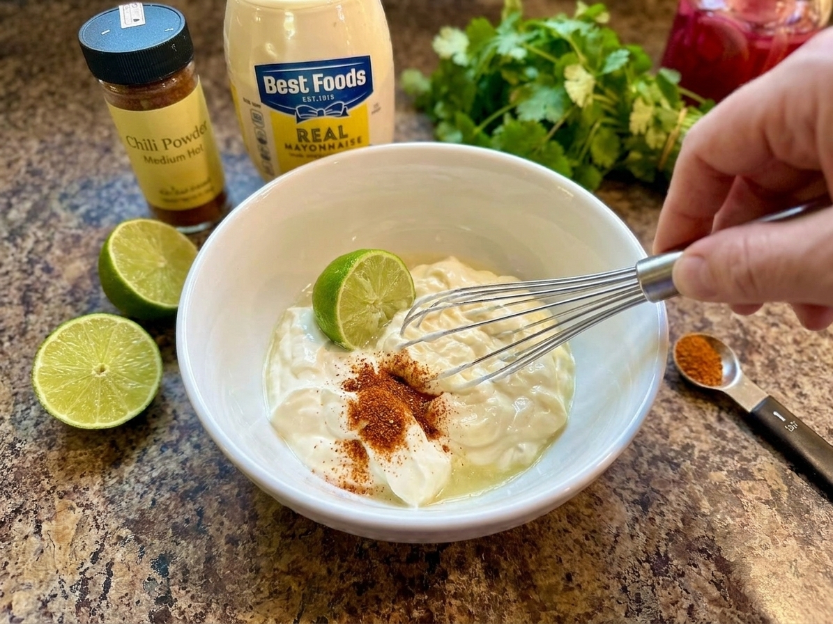 A mixing bowl with sour cream and mayonnaise being stirred with lime juice and spices on a kitchen counter