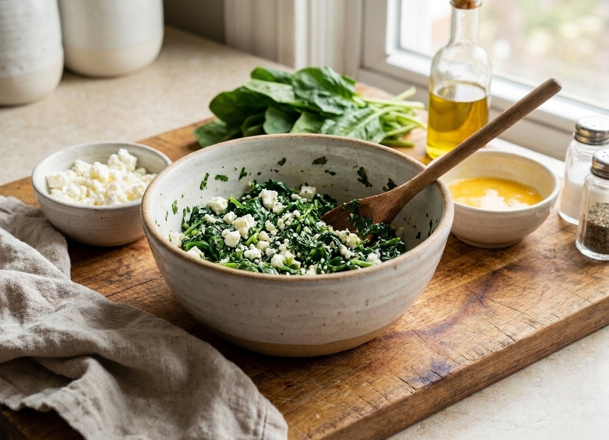 A mixing bowl with spinach and feta filling and a spoon on a wooden counter, ingredients nearby
