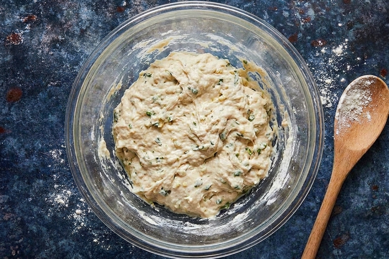 A mixing bowl with sticky naan dough and a wooden spoon with a light dusting of flour nearby