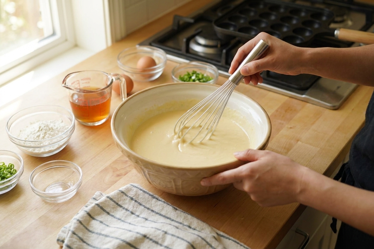 A mixing bowl with takoyaki batter being whisked smooth on a kitchen counter