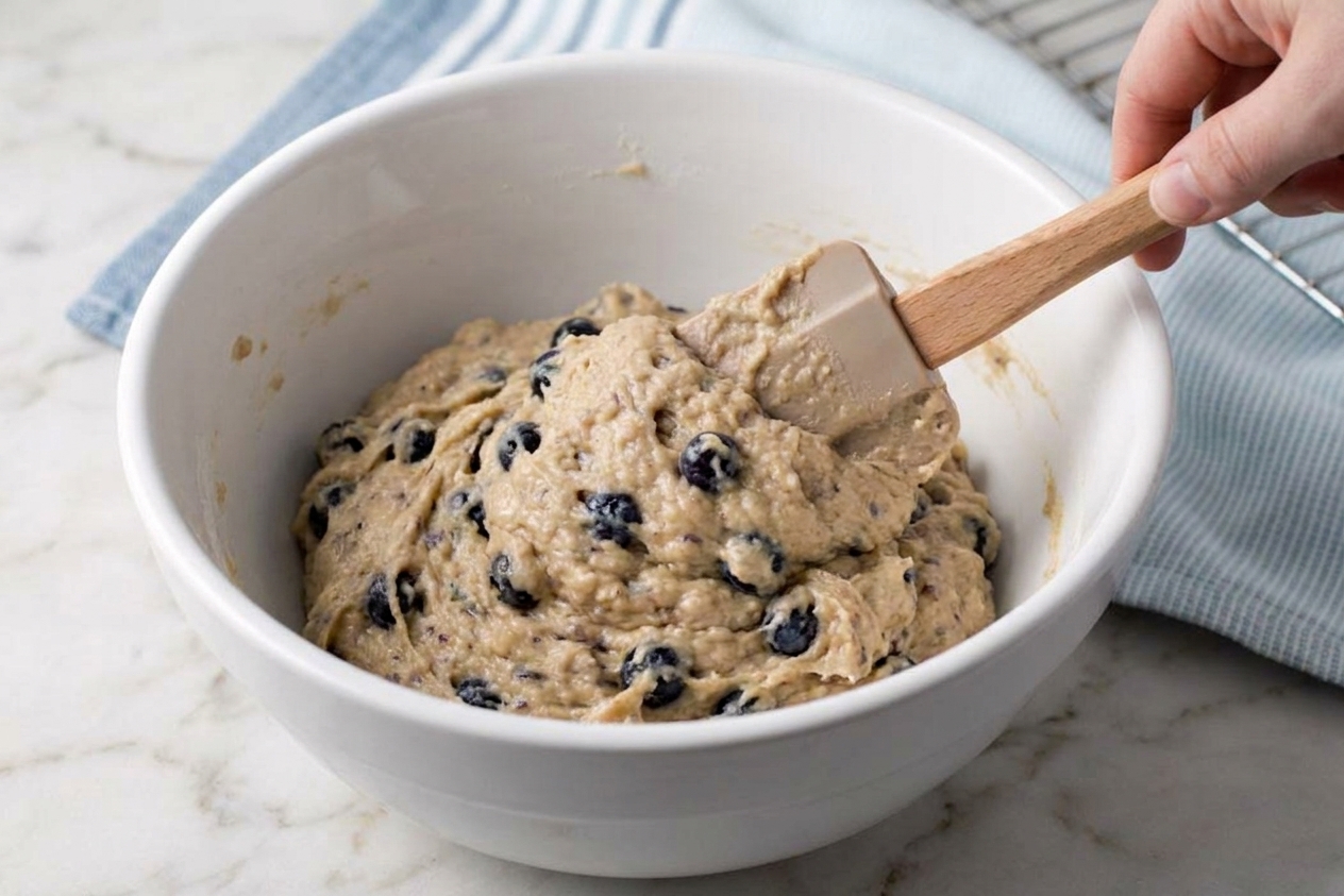 A mixing bowl with thick cake donut dough being folded with a spatula on a light-colored kitchen counter