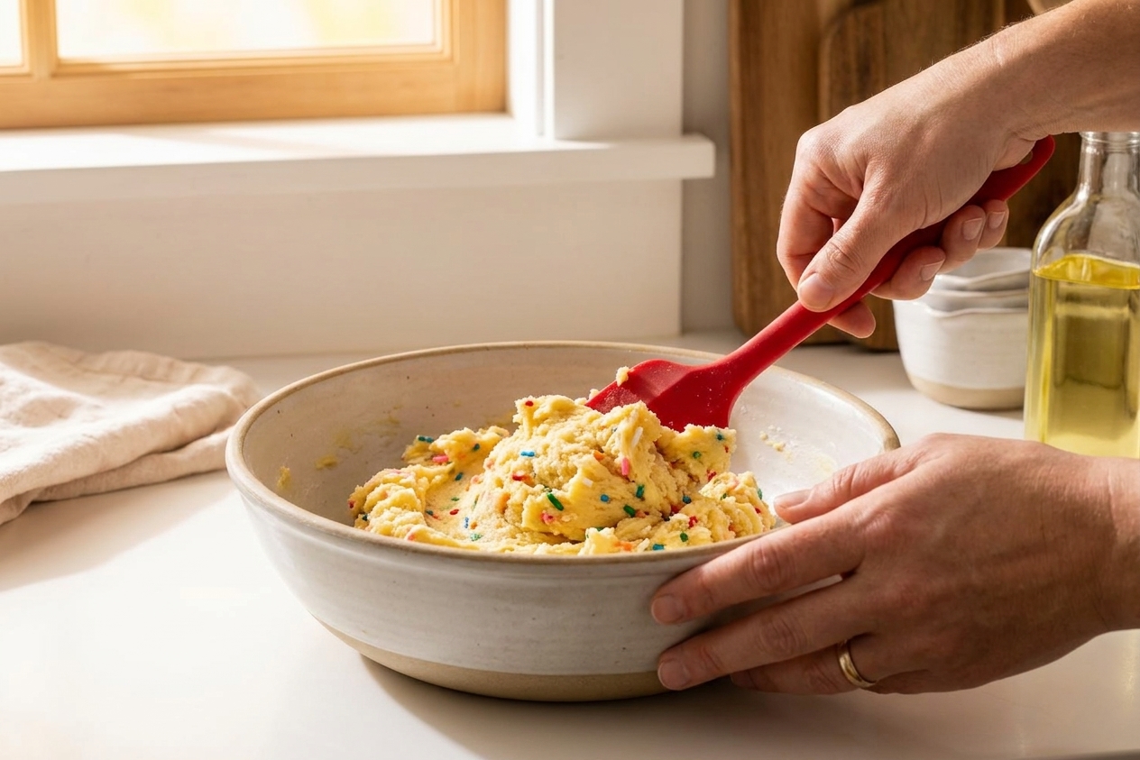A mixing bowl with thick cake mix cookie dough being stirred with a rubber spatula on a kitchen counter