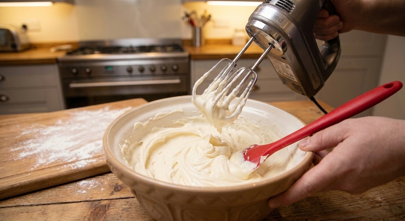 A mixing bowl with thick cream cheese frosting being beaten with a hand mixer on a kitchen counter, with a rubber spatula nearby