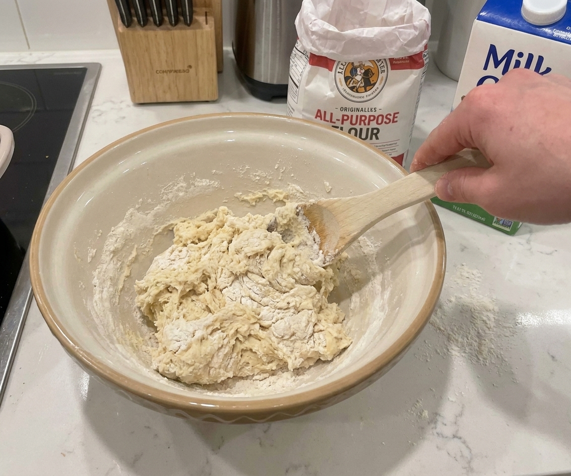 A mixing bowl with thick dumpling dough being stirred with a spoon, flour and milk nearby on the counter