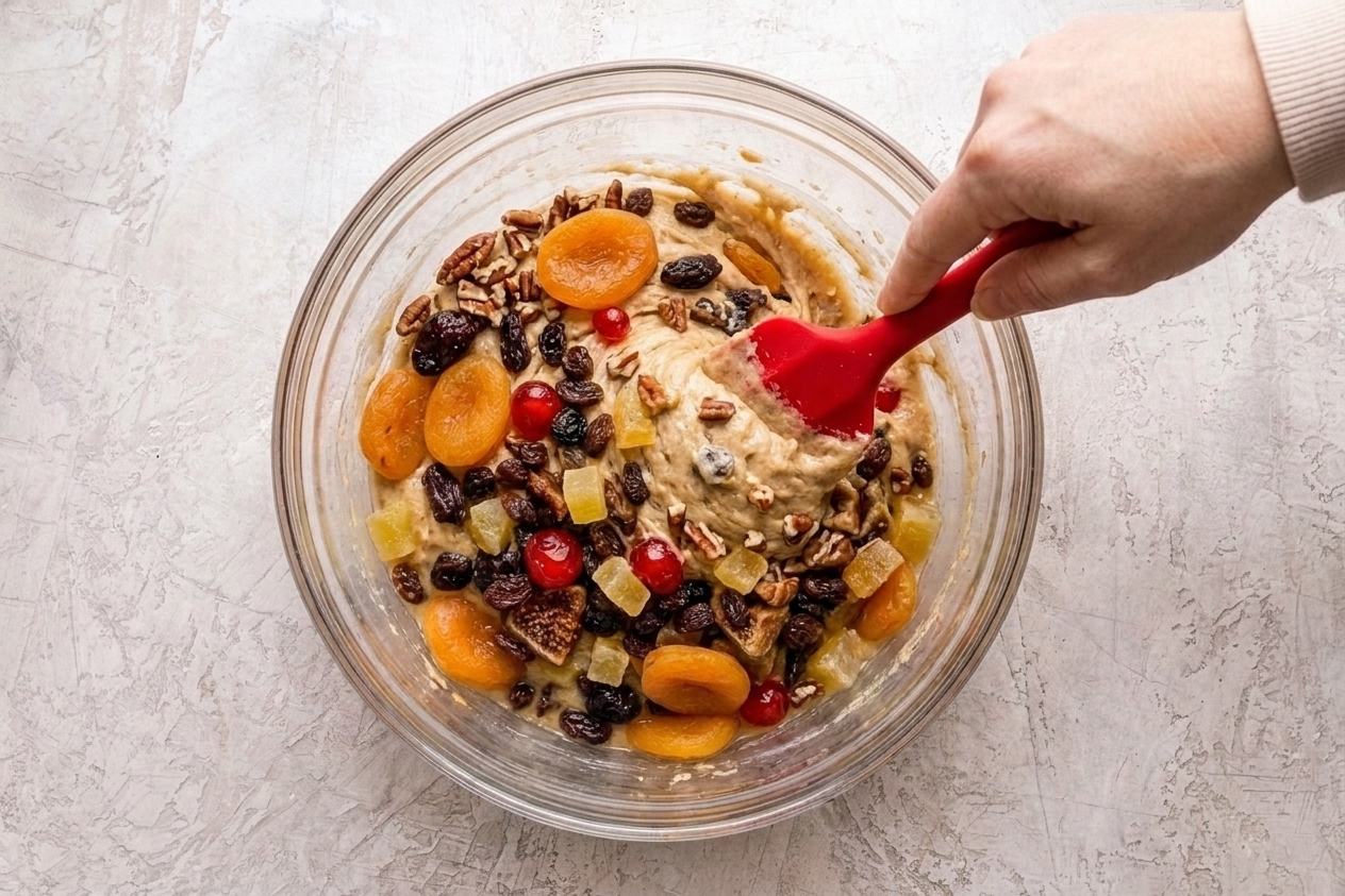 A mixing bowl with thick spice cake batter as plumped dried fruit and toasted nuts are folded in with a rubber spatula