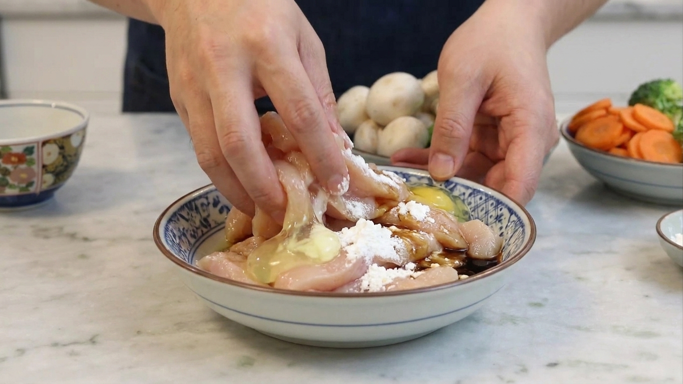 A mixing bowl with thinly sliced chicken being tossed with egg white, cornstarch, and soy sauce on a kitchen counter