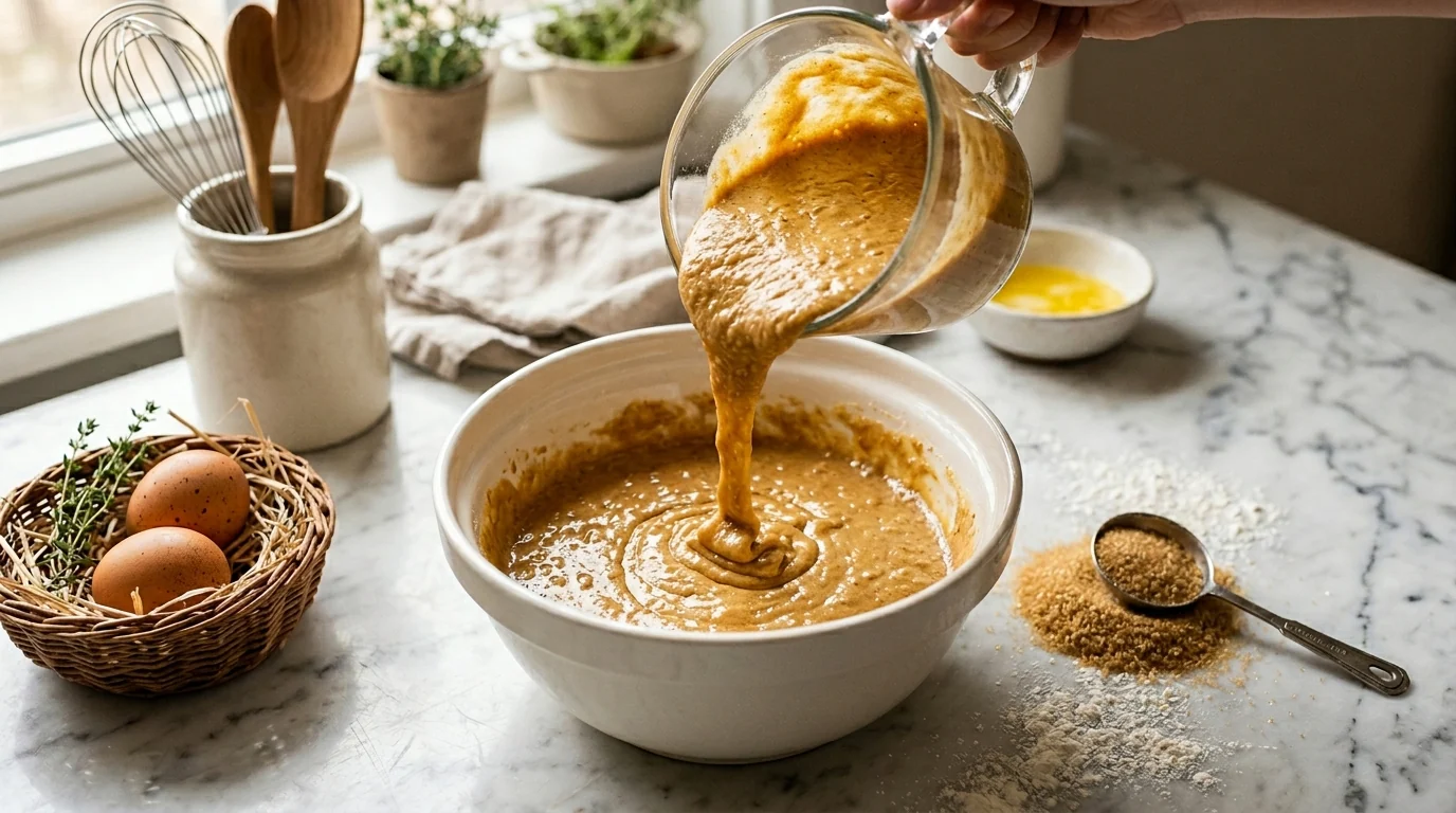 A mixing bowl with waffle batter being whisked, showing a thick but pourable texture on a kitchen counter