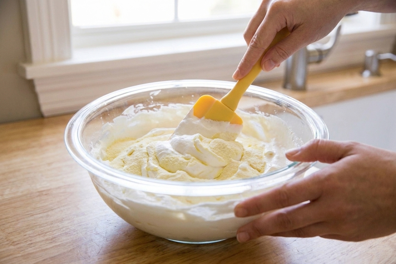 A mixing bowl with whipped topping being folded with vanilla instant pudding powder using a rubber spatula on a bright kitchen counter