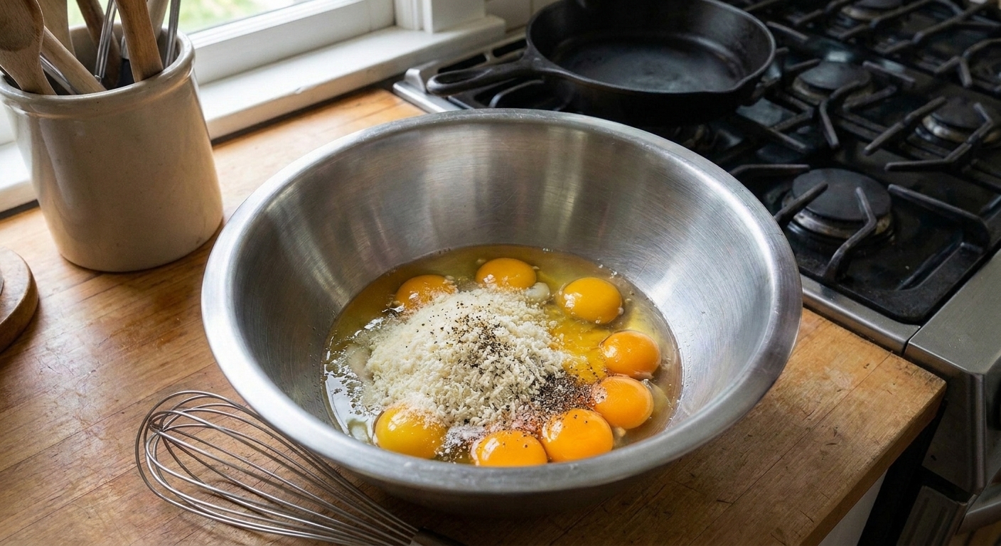 A mixing bowl with whole eggs and extra yolks beside a mound of finely grated Pecorino Romano and cracked black pepper on a clean kitchen counter